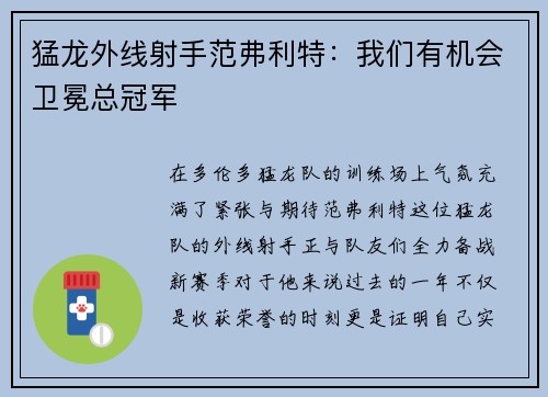 猛龙外线射手范弗利特：我们有机会卫冕总冠军